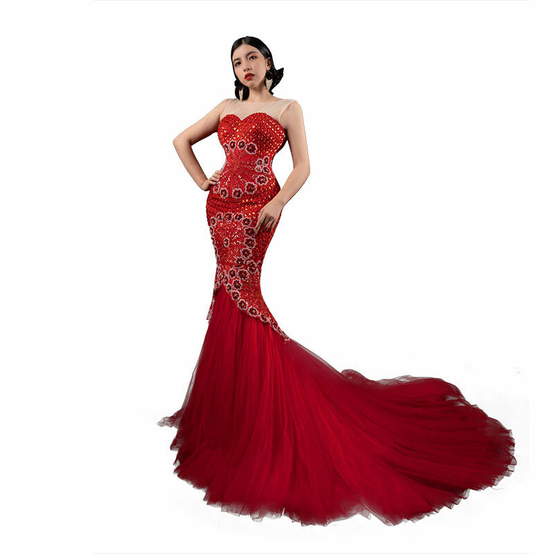 Gaun malam kustom mewah wanita merah setelan khusus bermanik berat untuk pertemuan tahunan makan malam pernikahan gaun putri duyung ramping FF56