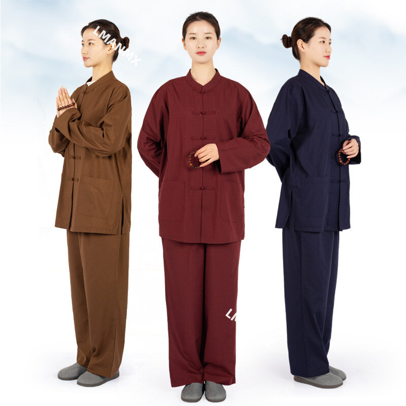 Buddhist Layman Clothes Set Top and Pants 4 Colors Haiqing Adults Meditation Clothes Traditional Chinese Nun Monk Clothes Suit