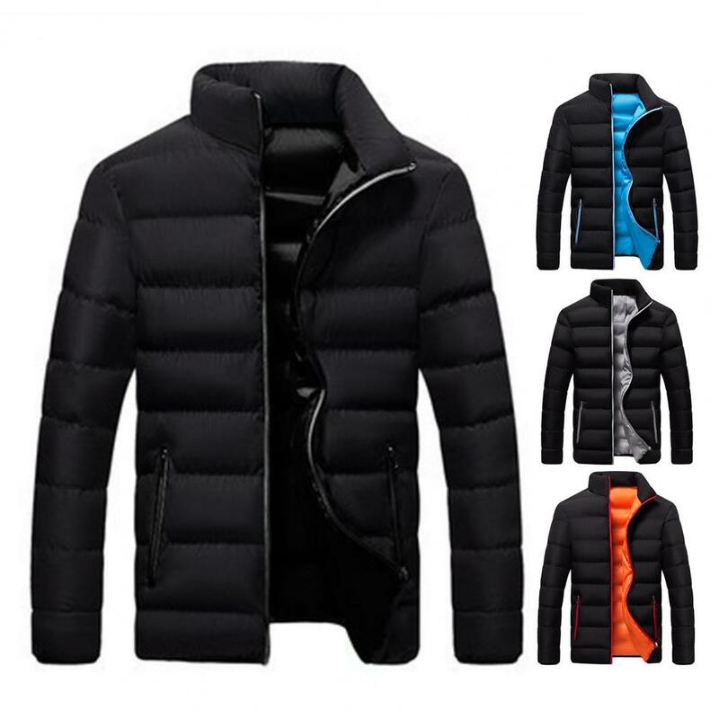 Jaqueta de algodão com gola comprida masculina, casaco solto, bolso com zíper, cor de contraste quente, outwear masculino, outono, inverno