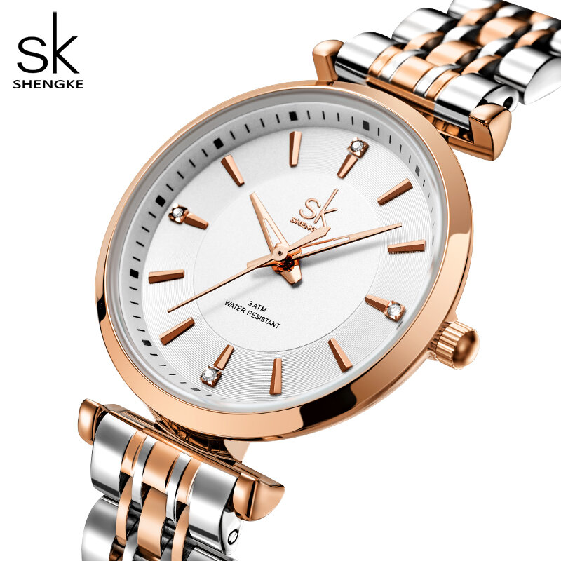 Relogio-Shengke sk 패션 여성 시계, 로즈 골드 스테인레스 스틸 여성 쿼츠 손목 시계, 여성용 화려한 시계