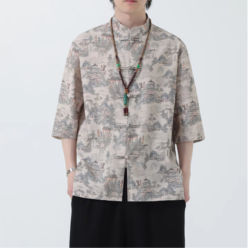 Camicia allentata da uomo con maniche a cinque quarti per l'estate 2024 Vintage stile cinese da uomo Tang Suit camicia stampata Tea Art Kung Fu Costume