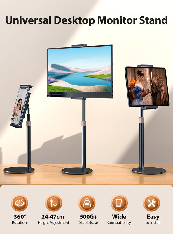 UPERFECT Soporte para monitor portátil giratorio de 360°, altura ajustable, monitor Vesa, tableta, soporte de escritorio de perfil bajo independiente de hasta 17,3"