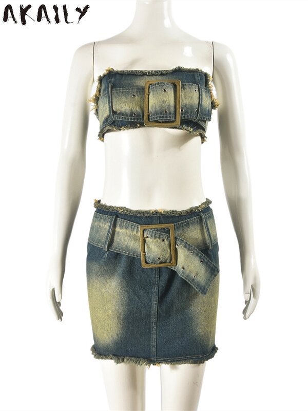 Akaily Zomer Sexy Denim 2 Tweedelige Sets Clubfeest Outfits Voor Dames 2024 Streetwear Strapless Riem Rits Tops Rok Sets