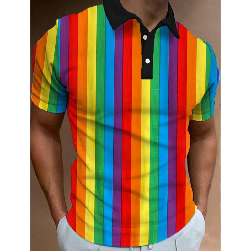 3D-Farbe Regenbogen Streifen Druck Polo T-Shirt für Männer Mode Revers Kurzarm hemden übergroße lässige Golf Bluse Knöpfe Tops