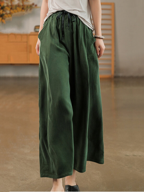 GVUW koronka spodnie damskie jednolity kolor elastyczny pas luźne kieszenie wszechstronny nowy 2024 damski spodnie z szerokimi nogawkami 17 g7026