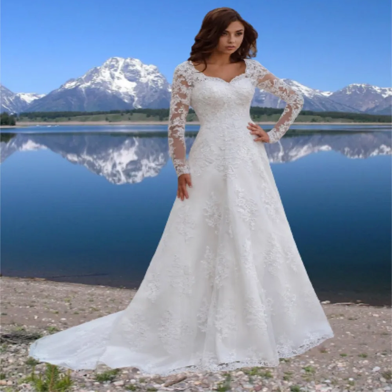 Elegant Aline Wedding Dress V-Neck Long Sleeve Lace Applique Lace up Bridal Gowns Floor Length Court Train Vestidos De Novia