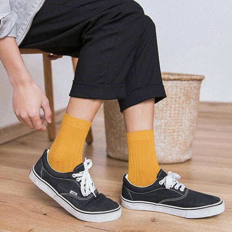 Chaussettes en coton côtelé pour hommes, monochromes, mode vintage de base japonaise, multicolore, automne, printemps, 03/Socks
