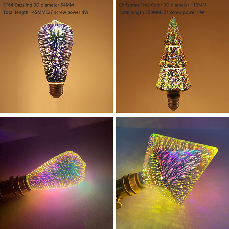 Ampoules de feux d'artifice 3D pour décoration d'arbre de Noël, ampoules d'intérieur Edison, personnalisées, créatives, sept couleurs