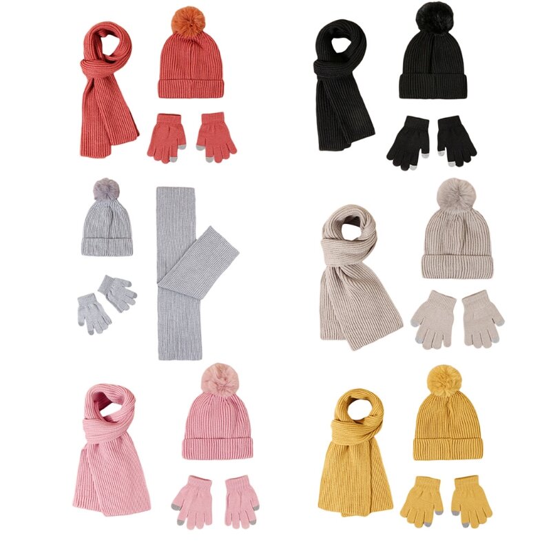 Шапки из трех предметов, шарф, комплект перчаток, детская шапка, зимняя теплая вязаная шапка с помпоном, осенне-зимняя кепка для