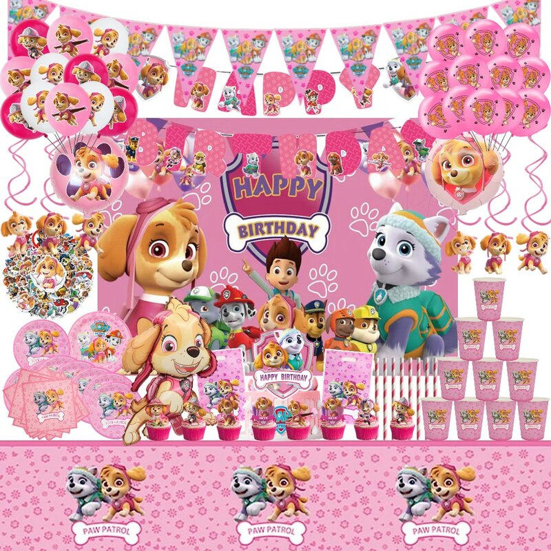 Pink Paw Patrol Skye Birthday Party Decorações, Foil Latex Balloons, Prato de talheres, pano de fundo para crianças, Girls Party Supplies