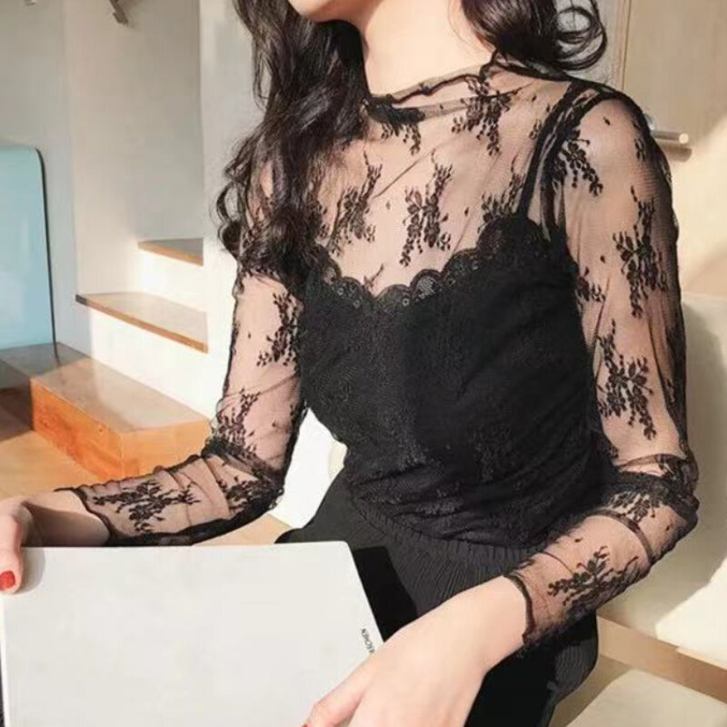 Half High Collar Blouse Sexy Long Sleeve See Through Mesh Fishnet Casual Top Tee Shirt Sheer Black Lace Star Dots Tops Women