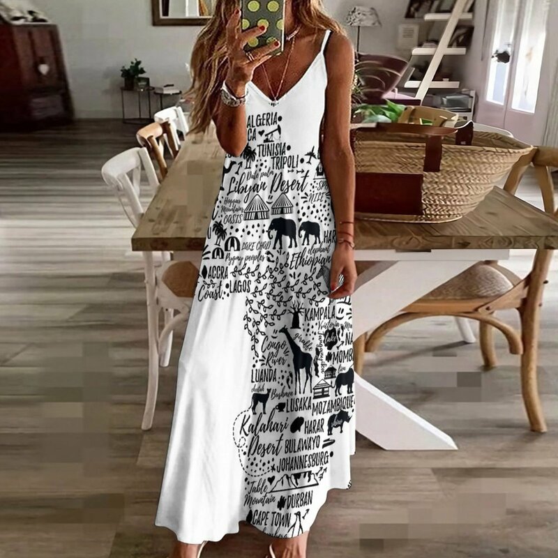 타이포그래피 포스터, 신상 아프리카지도 여성용 민소매 이브닝 드레스, 여름 드레스, 2023
