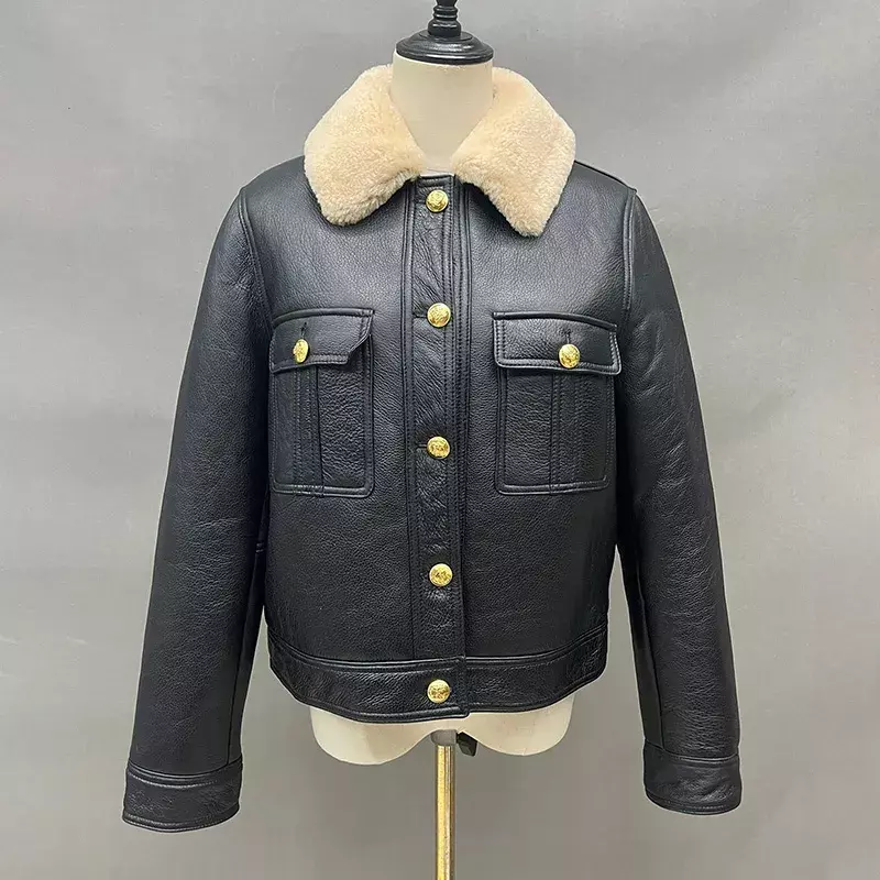 Abrigo corto de piel de cordero auténtica para mujer, chaqueta cálida de lana Real, doble cara, invierno, MH5897L