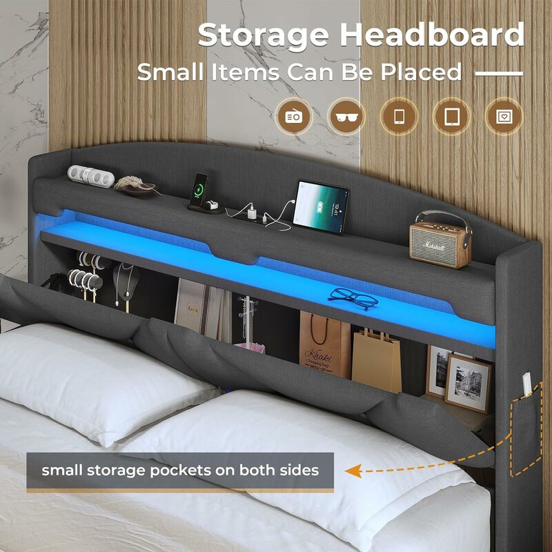 Pływająca rama łóżka ze stacją ładującą, rama łóżka LED z zagłówkiem do przechowywania, tapicerowane łóżko typu queen-size z półkami