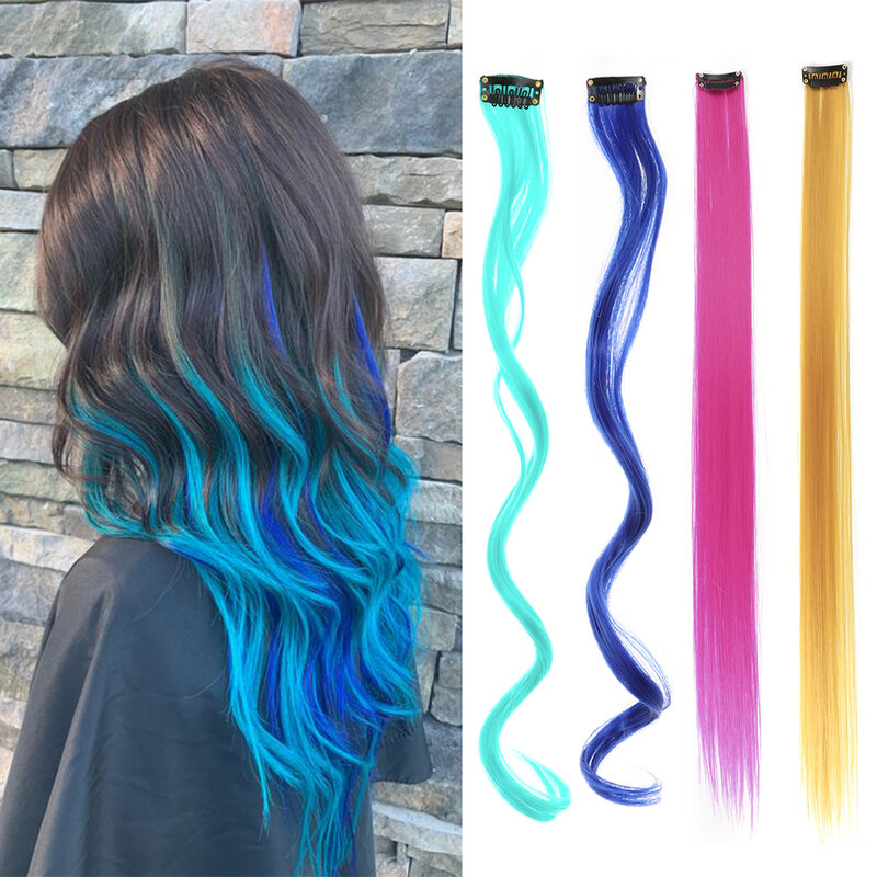 Synthetic Hair Extensions With 1 Clip Heat Resistant Hair Extensions Rainbow Hair For Women Wavy Style 22 Inch