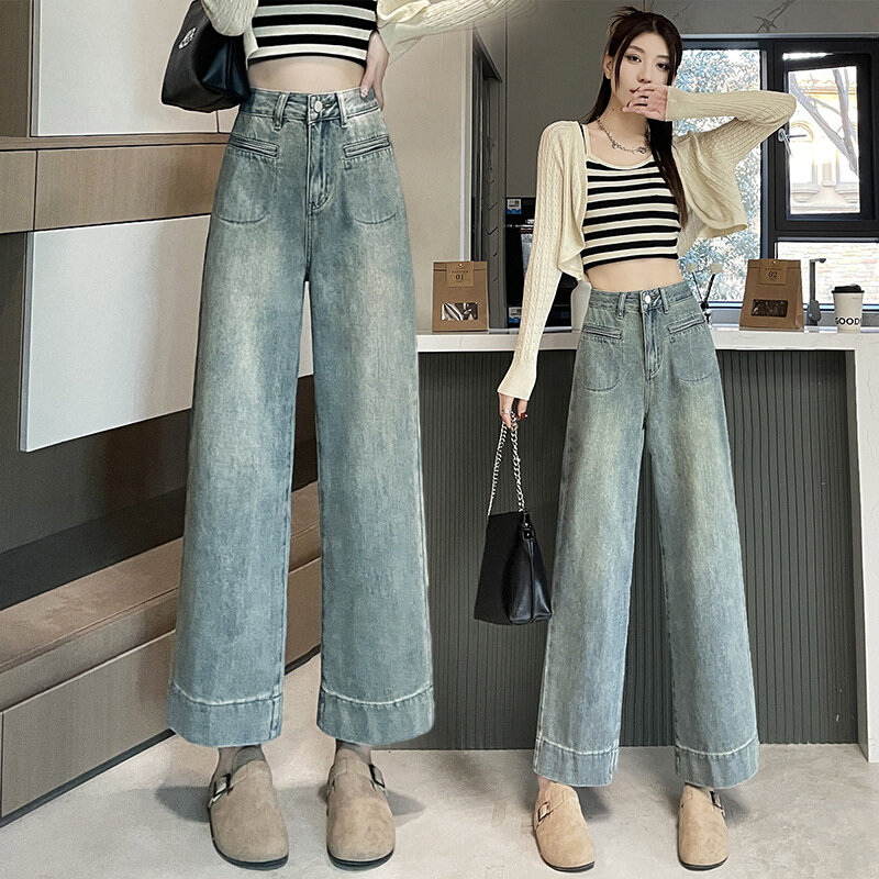 Celana Jeans sembilan poin wanita, celana panjang Retro Amerika ramping kaki lebar musim panas dan semi 2024