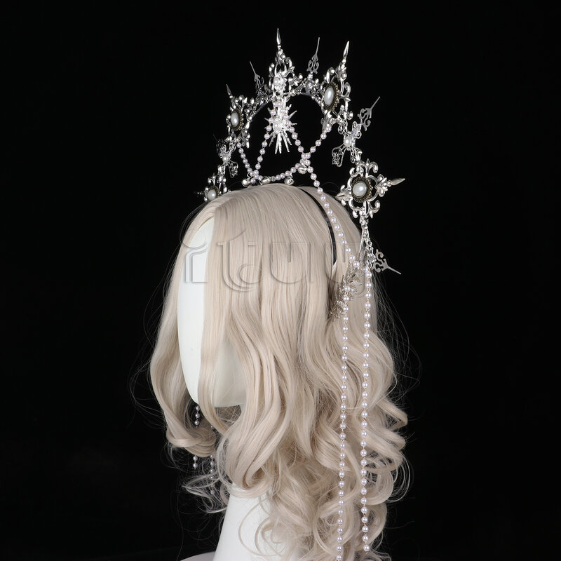 Tocado de corona de Halo KC gótico plateado, Lolita, diosa del sol, Reina, Tiara barroca, diadema de Halloween, accesorios para el cabello