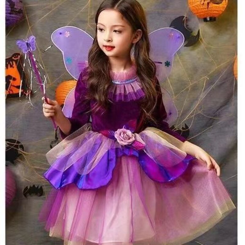 4 buah Set gadis karnaval putri anak-anak berdandan pakaian dengan tongkat sayap tas labu Halloween Cosplay anak penyihir kostum