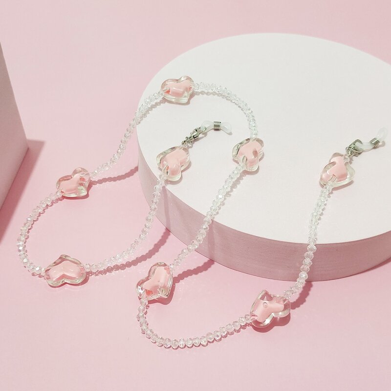 Kacamata Hitam Kristal Pink Hati Cinta Mode Rantai Manik Transparan untuk Perhiasan Kalung Lanyard Kacamata Wanita
