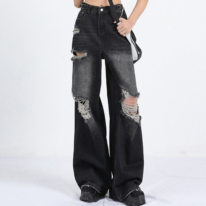 Женские рваные джинсы Y2K, уличные брюки-бойфренды в стиле ретро, черные прямые джинсы с эффектом потертости, 2024