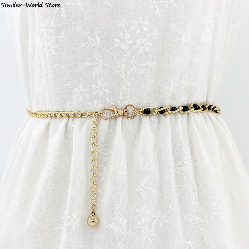 Fashion Elegant Ladies Metal Adjustable Thin Ladies Waist Chain Women Strap Dress Belt Pearl Decorative Clothess Accessories