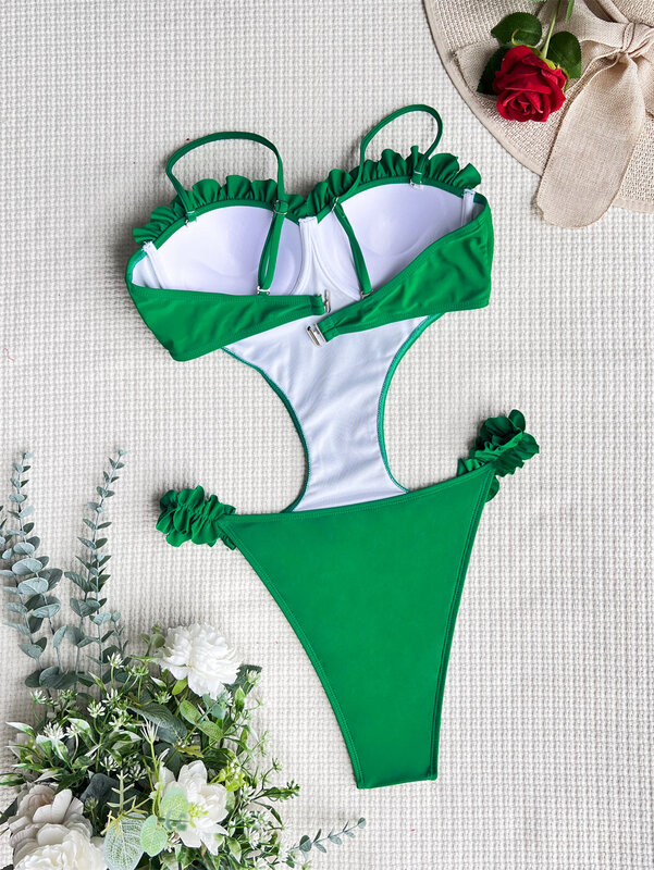 Sexy Push-up Rüschen Badeanzug einteilig Bügel aushöhlen Taille Bikini Bade bekleidung Bodys Frauen Biquini Badeanzüge