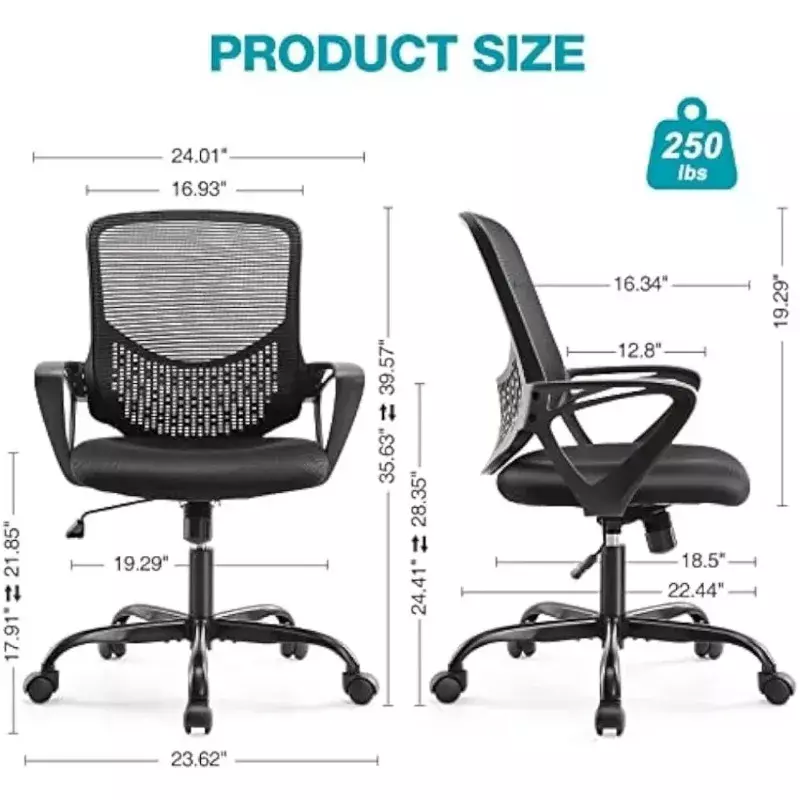 Bracciolo fisso ergonomico in rete per scrivania da ufficio, sedia per Computer direzionale con cuscino per sedile in morbida schiuma e supporto lombare