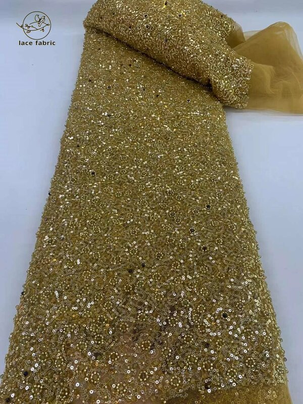 Женская кружевная ткань, вышитая бисером ткань Африканская французская пайетки 2024, высококачественные кружева для вечерних платьев, 5 ярдов