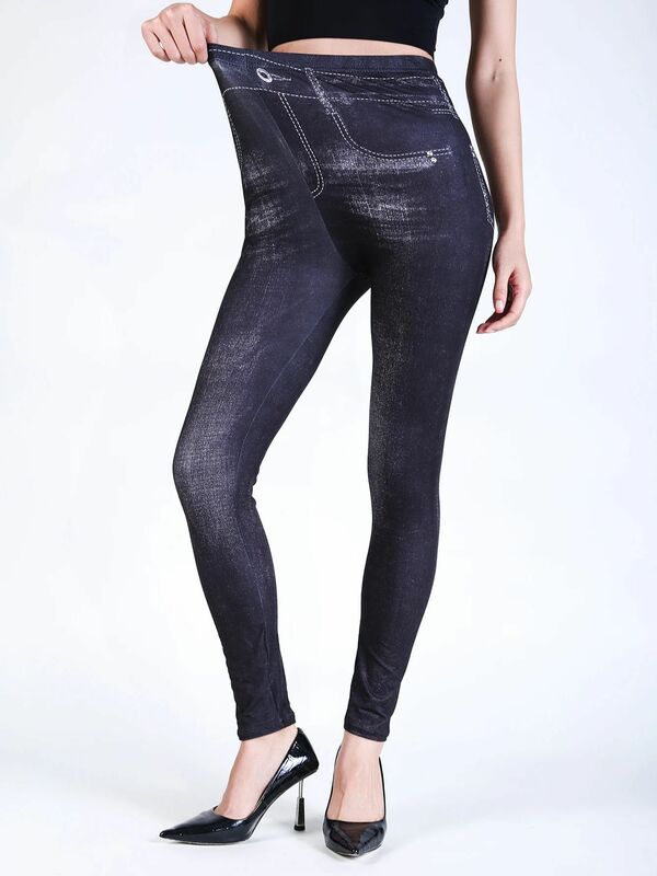YGYEEG-Leggings pretas de jeans falso feminino, elástico, cintura alta, sem costura, impresso, bolso falso, calça lápis vintage, sexy, escovado