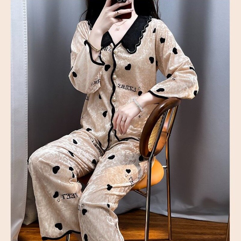 Women's Spring Autumn New Fashion Elegant Doll Neck Long Sleeve Pajamas Casual Comfortable Young Korean Solid Color ColorfulSuit