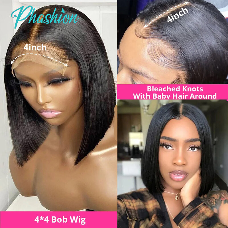 Phashion wig Bob pendek lurus tanpa lem 4x4 dengan garis rambut alami 180% untuk wanita hitam 100% rambut manusia Remy potongan tumpul dijual