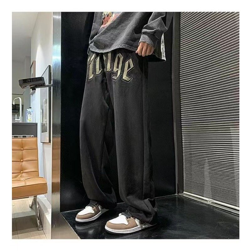 American retro gray sports pants for men and women hiphop wide-leg loose design personality ins niche straight casual trousers