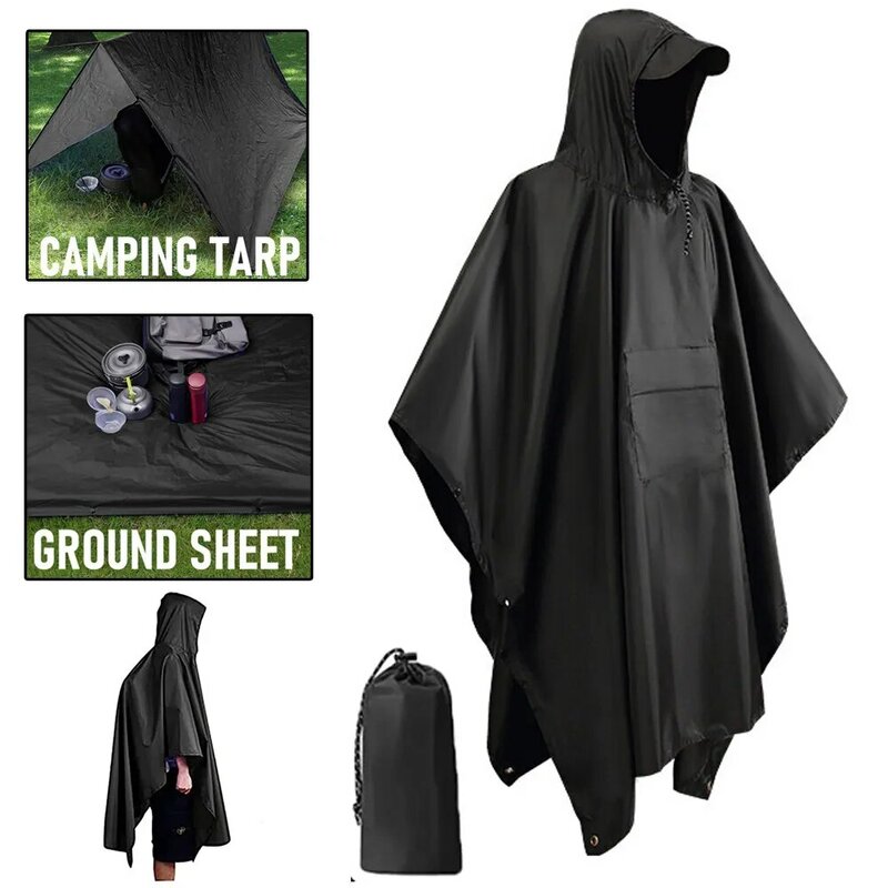 3 In 1 Outdoor Military Raincoat Hooded Sleeve Waterproof Rain Poncho Motorcycle Rain Cover Camping Hiking Travel Rainwear Tent