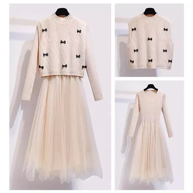 Korean Knitted Dress 2 Piece Sets Knitwears Bow Vest + Mesh Midi Dresses Conjuntos Spring Elegant Women Vestido Outfits N337