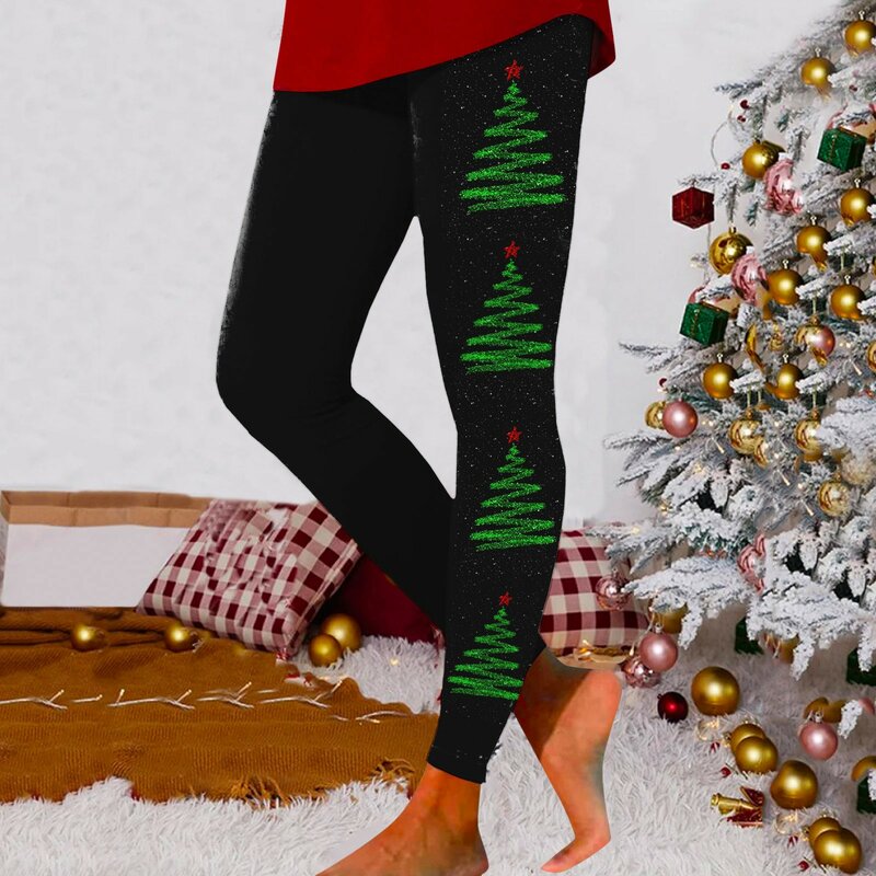 Feliz Natal das mulheres estampa leggings fitness, cintura alta sem costura, calças de treino, leggings elásticos macios