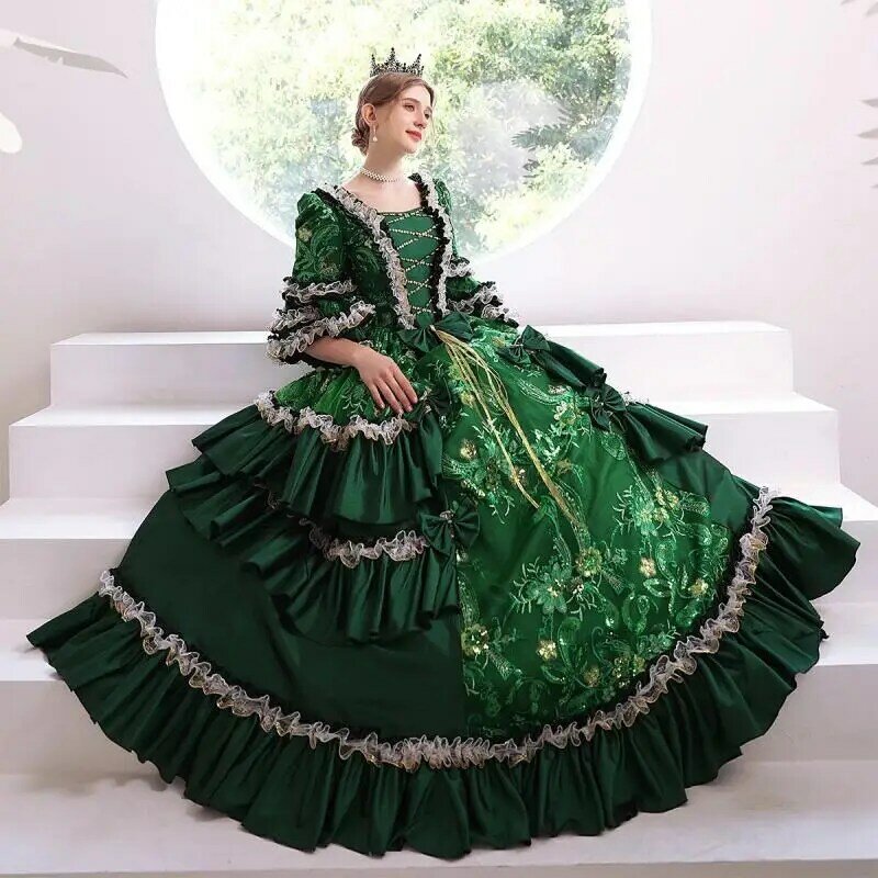 Vintage Palace Princess Dress, Requintado Traje, Vestuário de Fotografia, Performance de Palco, Verde, Estilo Europeu, Drama, Novo