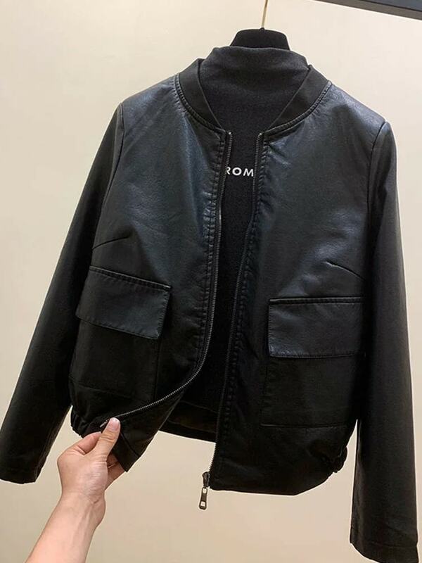 Kmetram 여성용 캐주얼 루즈 긴팔 단색 짧은 재킷 코트, O-넥 지퍼, 긴 PU 가죽 재킷, 패션, 가을, 신상 용수철