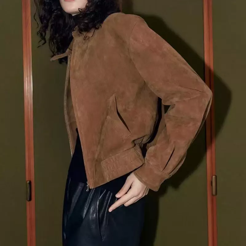 Klassische Damen Wildleder jacke braun echtes Schaffell einreihiger Vintage Langarm Parka Chic Outwear Mantel