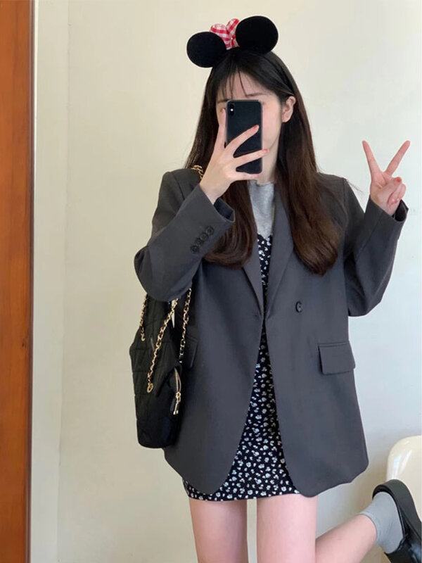Jaqueta de terno pequena cinza feminina, estilo coreano, blazer de escritório casual profissional de alto senso, blusa feminina, nova, primavera e outono, 2022