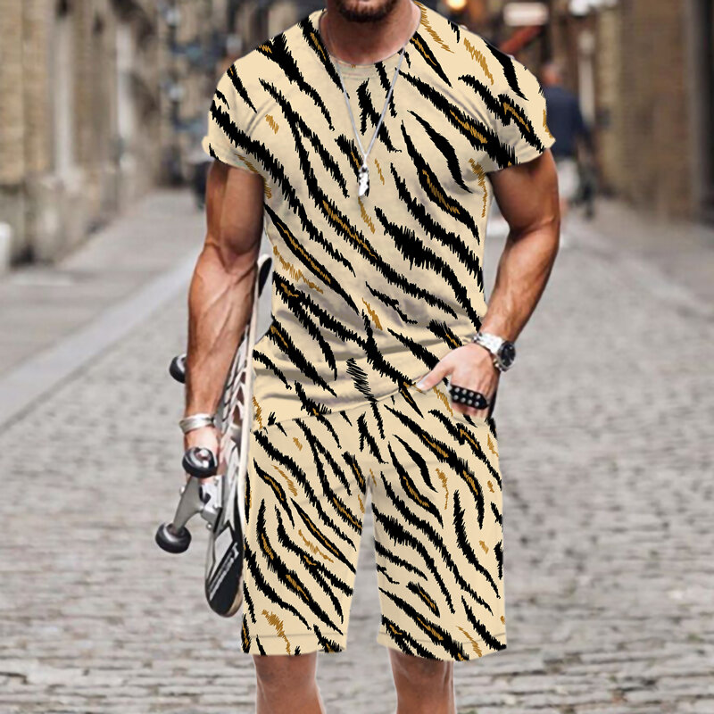 Camiseta masculina shorts conjunto engraçado leopardo impressão casual treino o pescoço manga curta moda 3d impresso roupas esportivas de rua camisetas