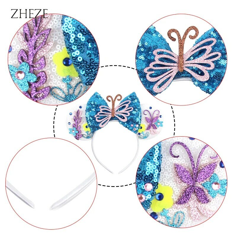 2024 Chic Disney Encanto Mouse Ears Headband For Girls Sequins 5"Bow Hairband Children Festival Hair Accessories