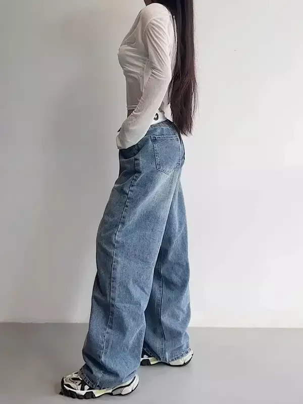 HOUZHOU-Jeans Baggy de cintura alta vintage Y2k feminino, streetwear Kpop Gyaru, calças jeans largas azuis, Harajuku, moda coreana Acubi