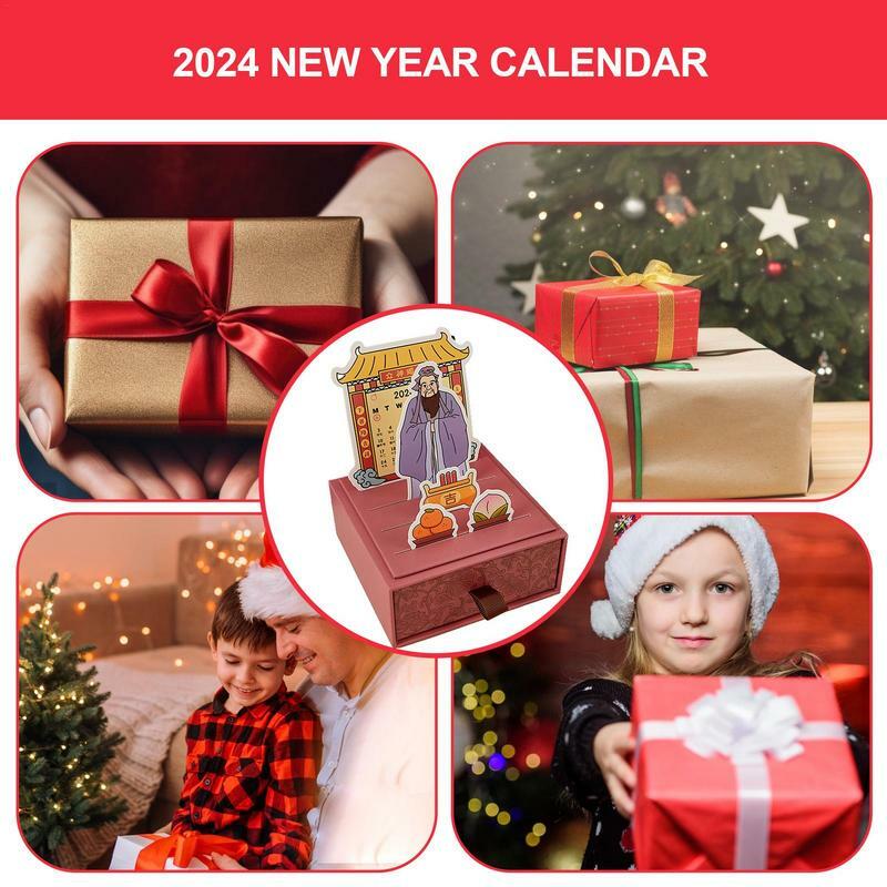 収納引き出し付きデスクトップカレンダー、wealthのゴッド、ポータブル、ユニークな装飾、新年、2024