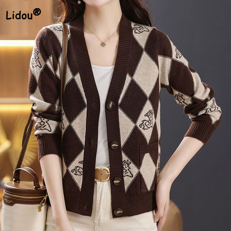 Women's Fashion Elegant Long Sleeve Plaid Sweaters Cardigan Autumn Winter New All-match Button Knitted Tops Female Clothing
