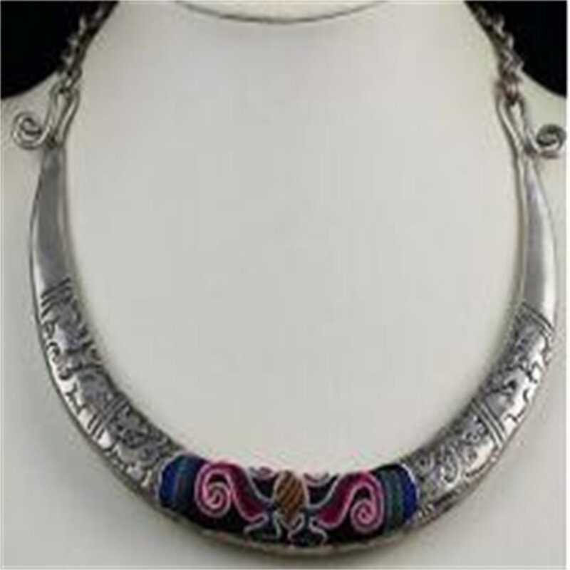 Tribal exotic chinese minority people's old hand embroidery miao silver necklace