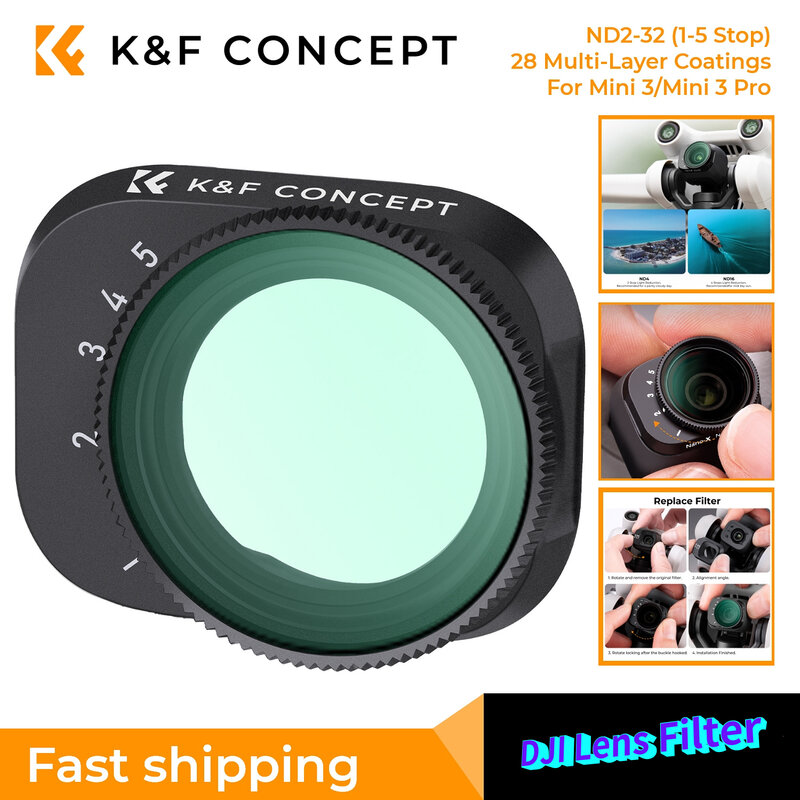 K & F Concept Variable ND2-ND32 Filter para DJI Drone, Mini 3 Pro, impermeável, resistente a riscos, anti-reflexo, filme verde