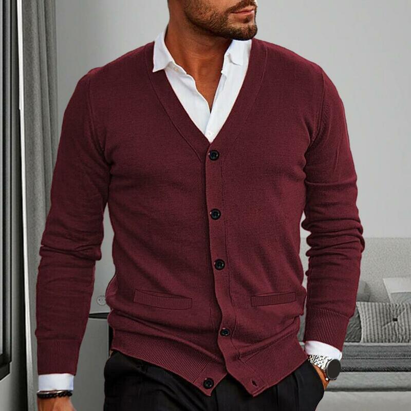 Suéter masculino de manga comprida com decote em v, cardigã slim fit, suéter macio de malha, casaco elegante com botões, casual e quente, elegante