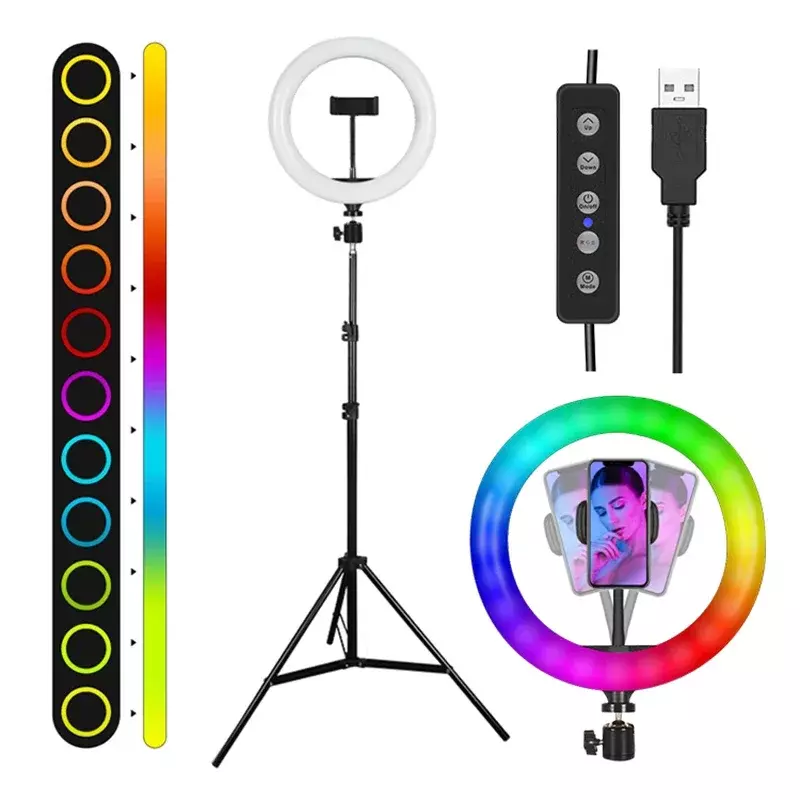 Anillo de luz LED para selfies, 26cm, 1 RGB, 10 pulgadas, venta al por mayor, círculo grande, portátil con soporte para teléfono