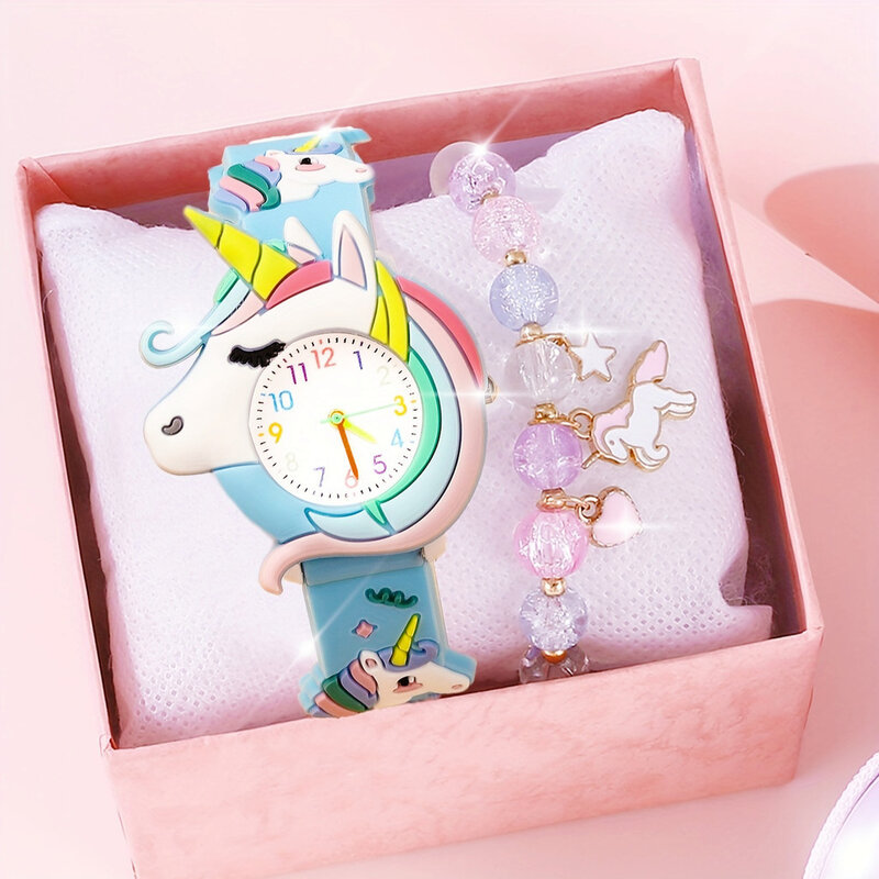 Kegllect-reloj con patrón de dibujos animados para niños, pulsera de silicona con diseño de unicornio, conjunto de cuentas, reloj para estudiantes