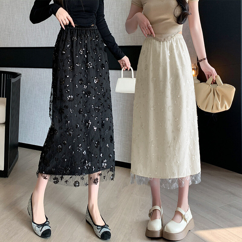 Женская плиссированная юбка средней длины, элегантная повседневная трапециевидная юбка с высокой талией и бусинами в Корейском стиле, 2024